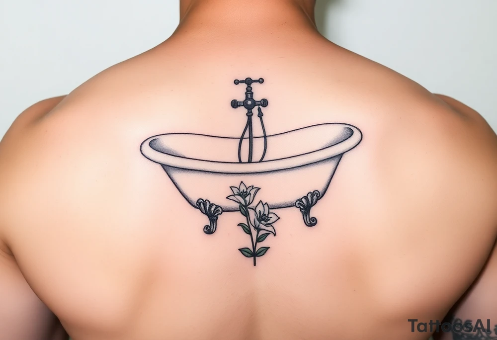 clawfoot bathtub with simple faucet and lily coming up out of the tile floor tattoo idea