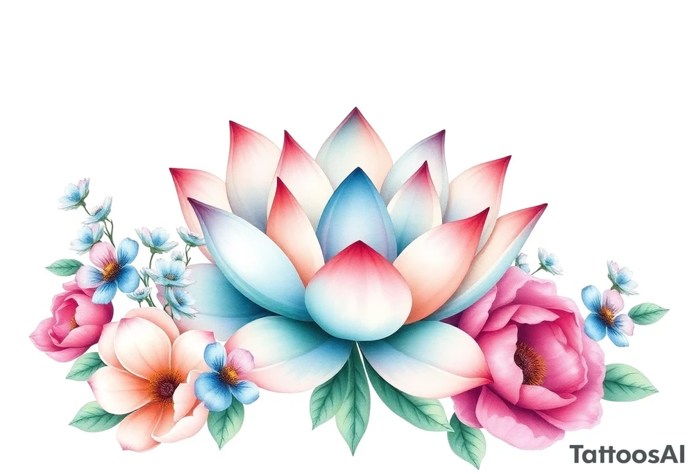 Lotus flower surrounded by forget me nots and peonies tattoo idea