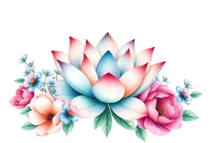 Lotus flower surrounded by forget me nots and peonies tattoo idea