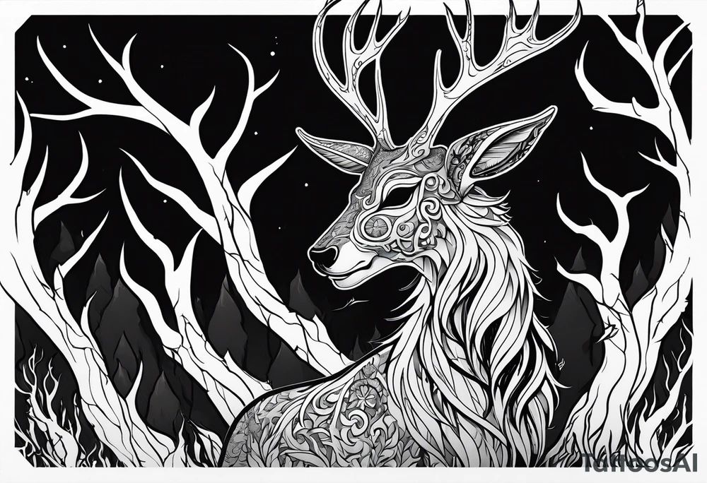 A spooky rotting bone lore accurate wendigo side profile surrounded by a forest fire in background tattoo idea