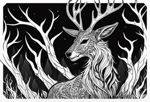 A spooky rotting bone lore accurate wendigo side profile surrounded by a forest fire in background tattoo idea