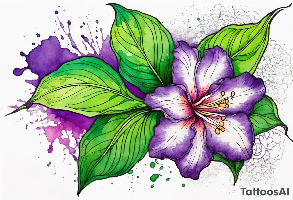 An outline of a green rio dipladenia flower and a purple watercolor splash in the background tattoo idea