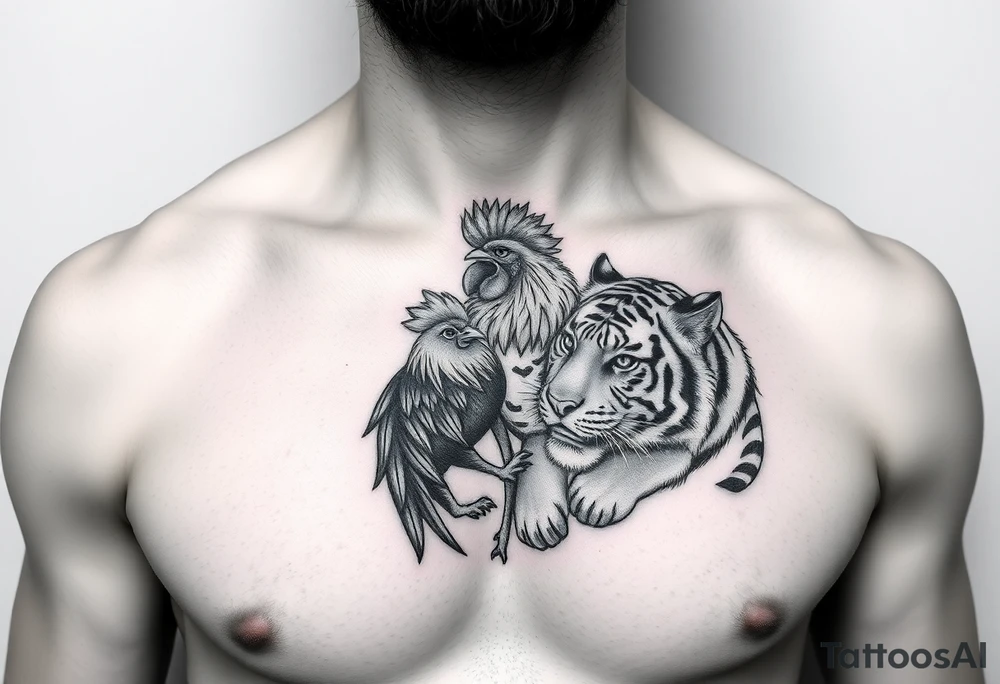 chest tattoo of dog and rooster and tiger together tattoo idea