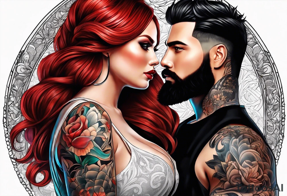 Busty red haired woman with a bearded man who has black hair tattoo idea