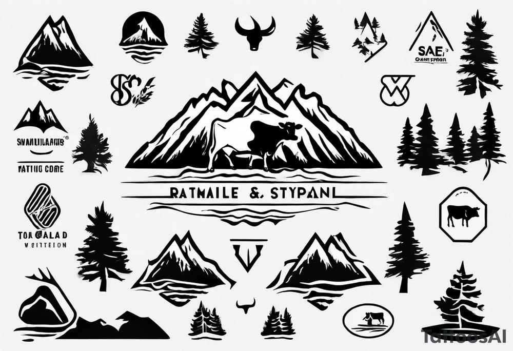 A logo for an outdoors company that includes an "S" and an "M". Includes a mountain, a lake, some trees, and a cow tattoo idea