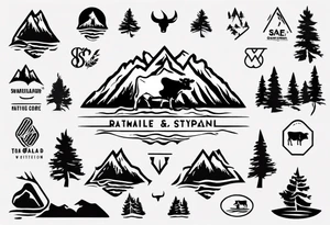 A logo for an outdoors company that includes an "S" and an "M". Includes a mountain, a lake, some trees, and a cow tattoo idea