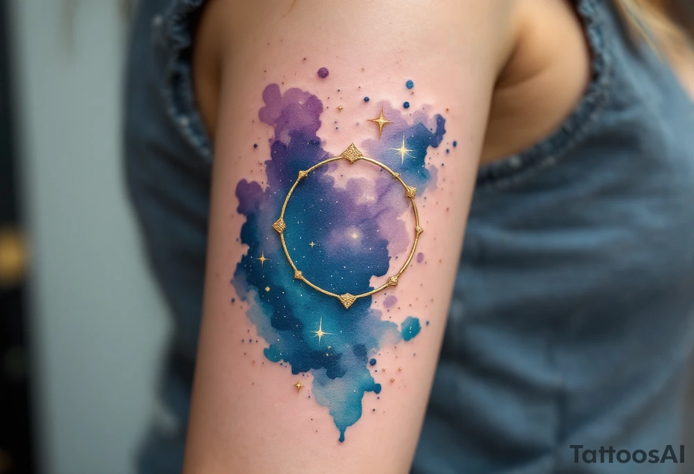 A celestial-themed tattoo combines the Libra star constellation in gold with a cosmic sky in navy and purple hues. tattoo idea