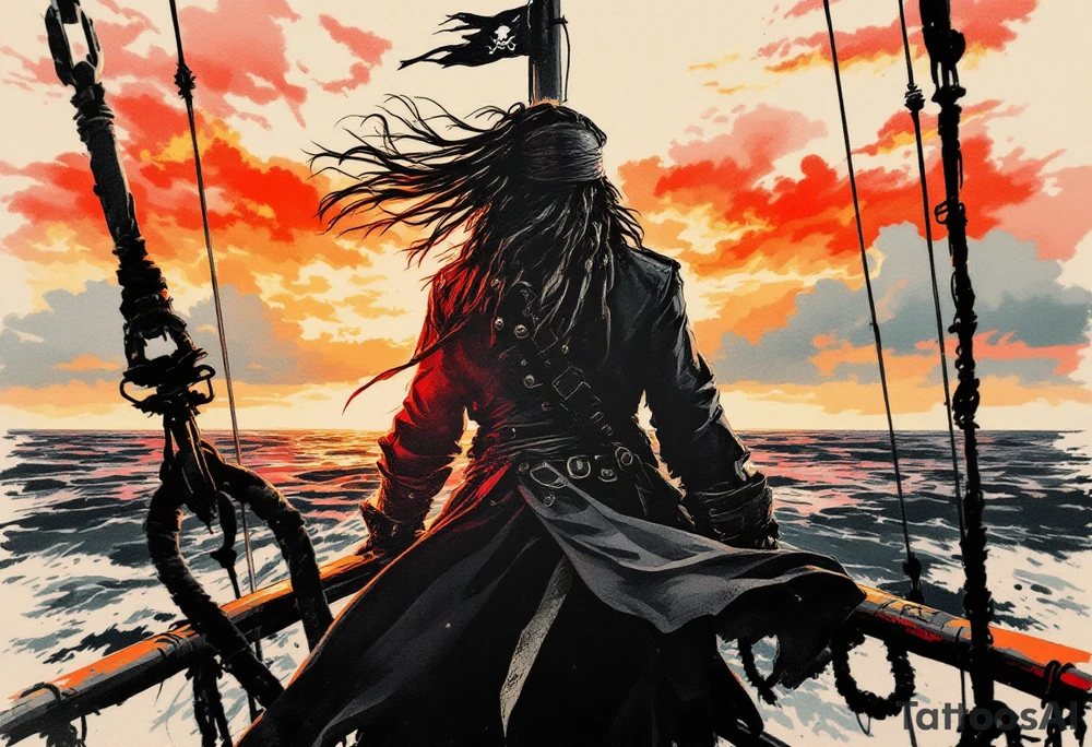A silhouette of Jack Sparrow standing at the bow of a pirate ship, with the wind blowing through his hair and coat, the sky above him in fiery oranges and reds, representing a sunset over the open sea. tattoo idea