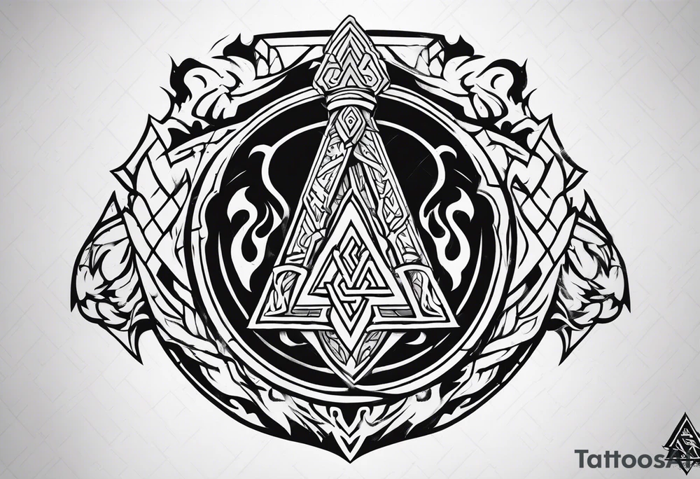 Valhalla sword shield dragon axe Valknut fire tattoo idea
