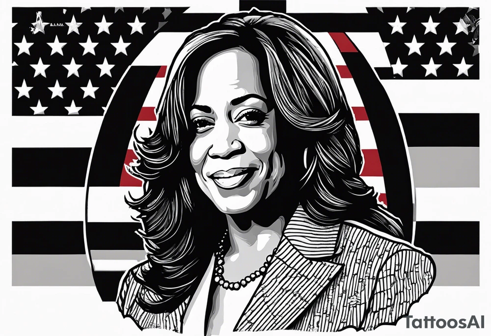 Kamala Harris, jackass, United States flag, circular motif, egg on face. Kamala is an idiot tattoo idea