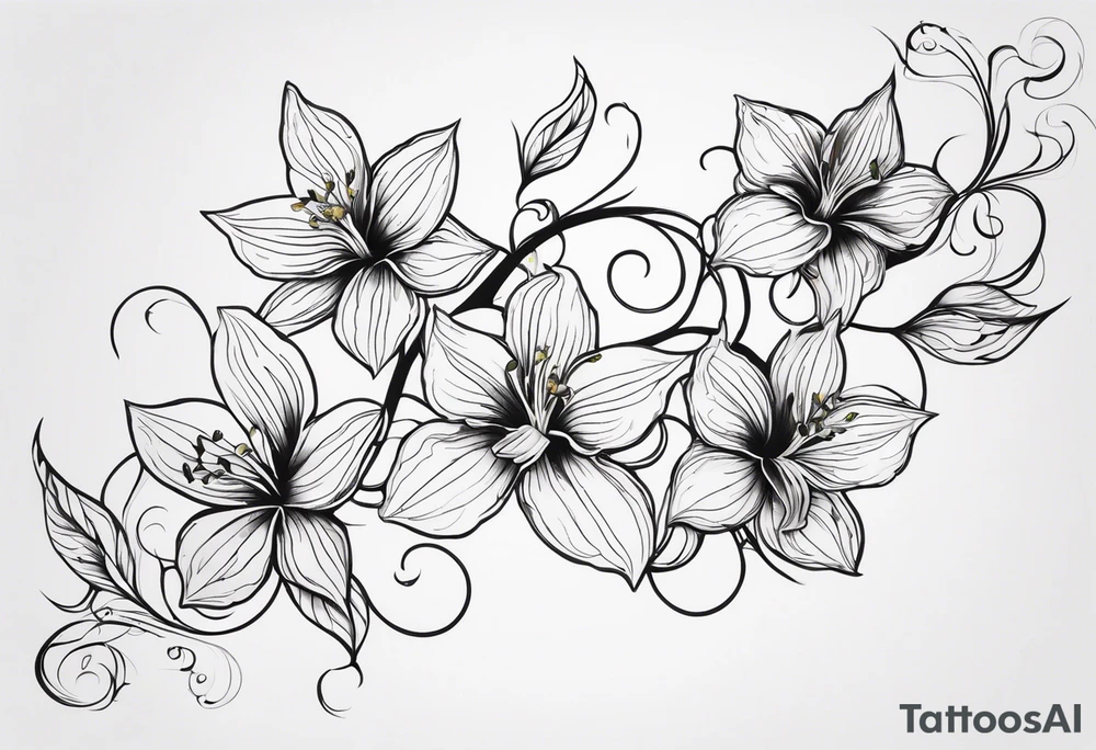 Flower and vine tattoo on upper left back climbing over the shoulder and towards the chest. Flowers should be Lilys, orchids, and dandelions. More empty space. More minimalist tattoo idea