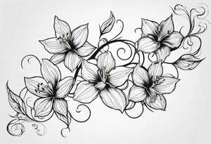 Flower and vine tattoo on upper left back climbing over the shoulder and towards the chest. Flowers should be Lilys, orchids, and dandelions. More empty space. More minimalist tattoo idea