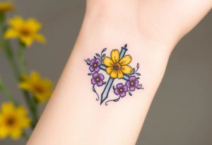 Yellow daisy Purple Hearts around a cross tattoo idea