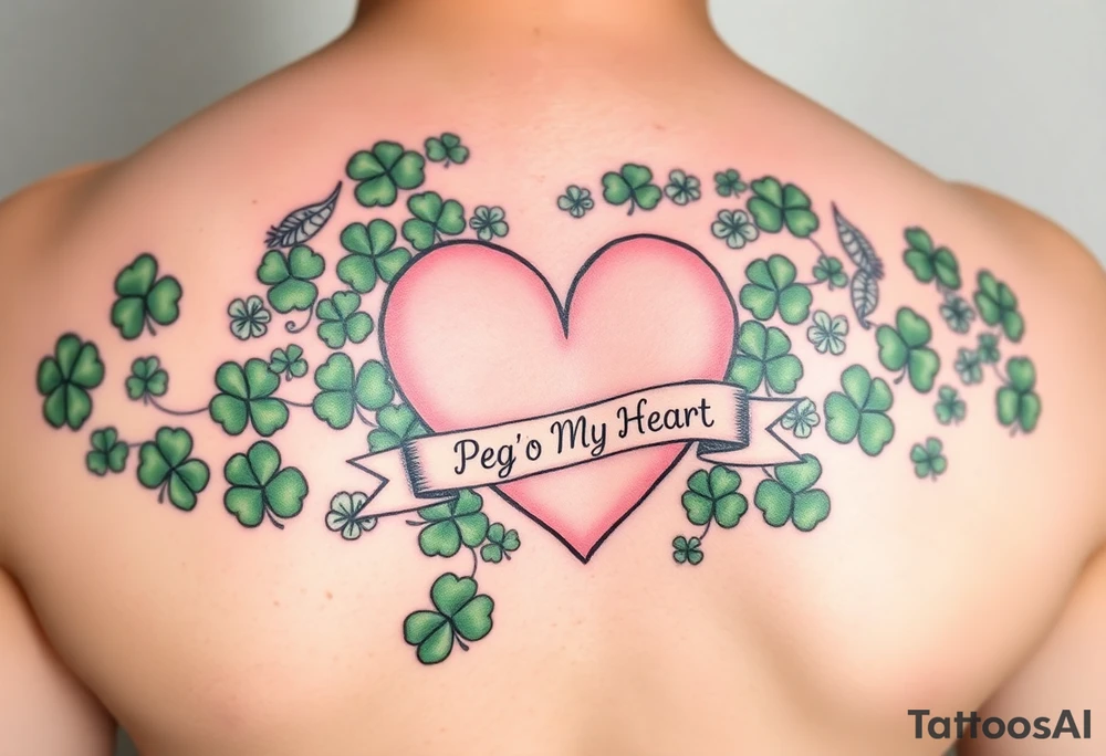 A ton of green shamrocks with a big pale pink heart with a banner across the heart that says Peg 'o My Heart tattoo idea