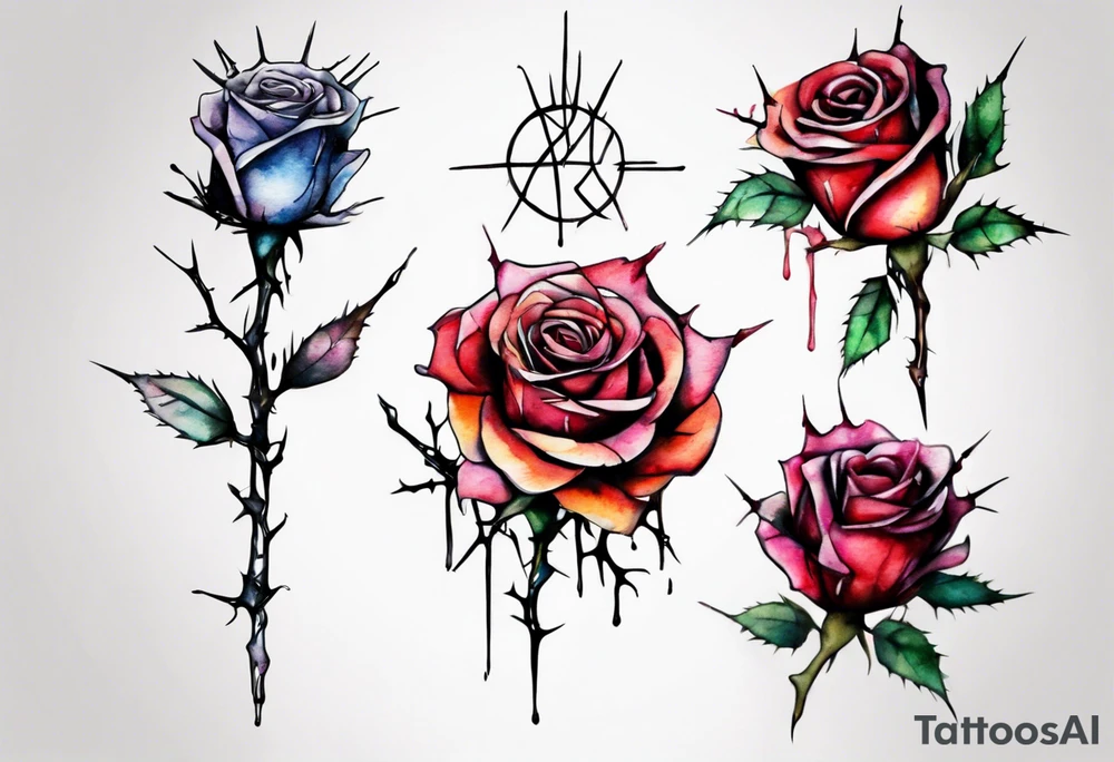 a bleeding watercolor rose, with a crown of thorns as the stem, simple, one line tattoo idea