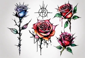 a bleeding watercolor rose, with a crown of thorns as the stem, simple, one line tattoo idea
