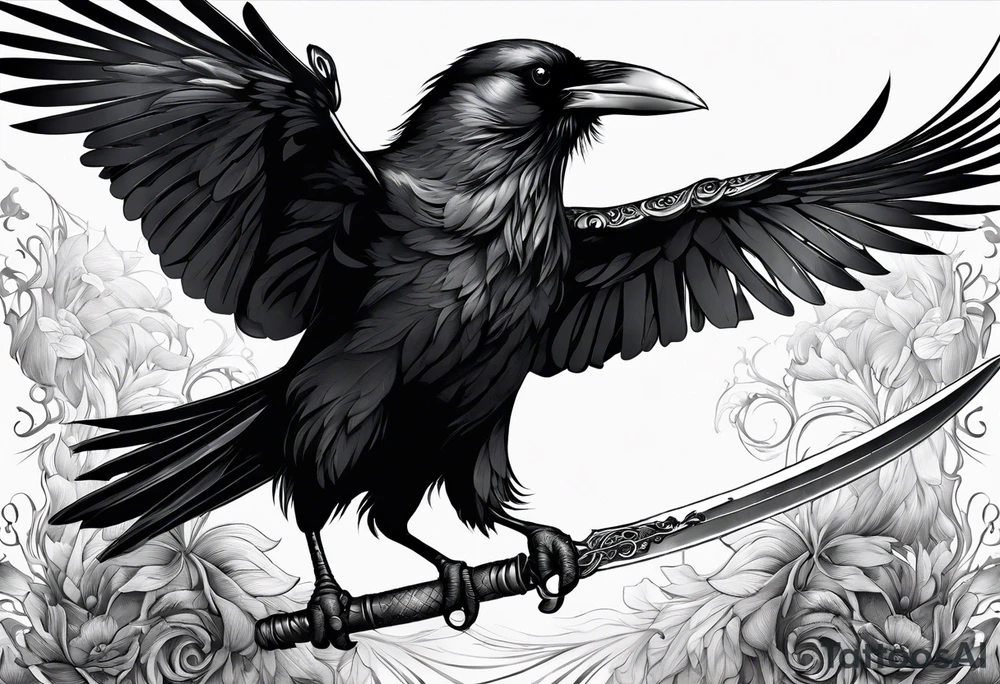 black raven with sword in mouth tattoo idea
