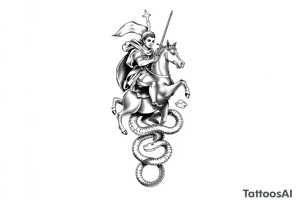 Make me full leg sleeve with St. George ridding a horse and snake wrapped around the leg with the sword going through its neck with back round clouds tattoo idea