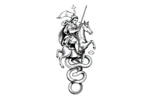Make me full leg sleeve with St. George ridding a horse and snake wrapped around the leg with the sword going through its neck with back round clouds tattoo idea