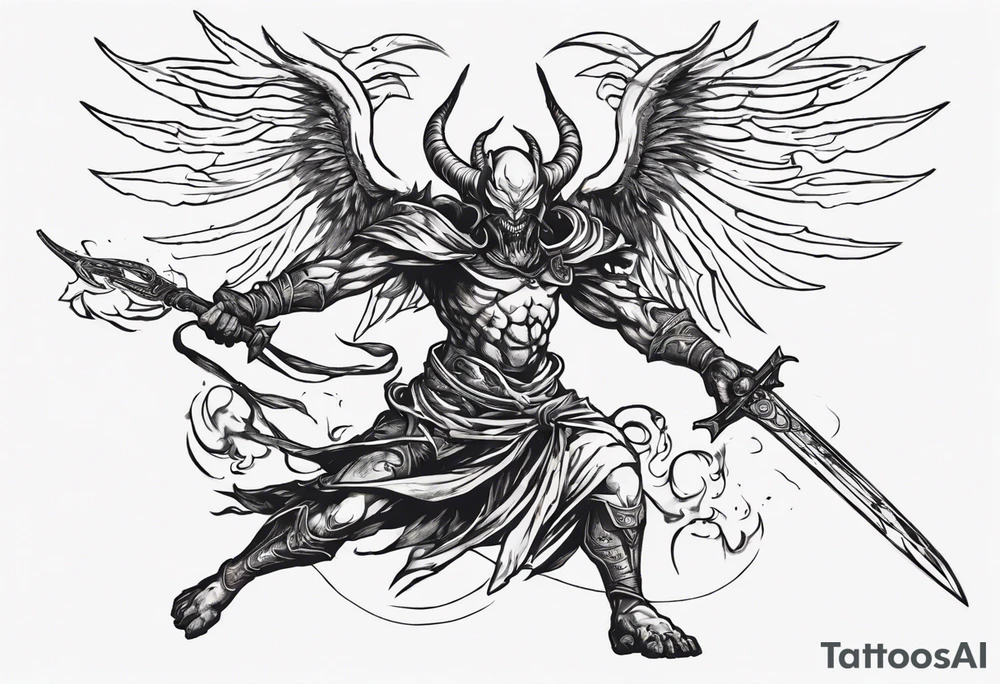 A demon angel wearing organic armor that is in mid-air with his two-handed sword behind them about to attack. tattoo idea