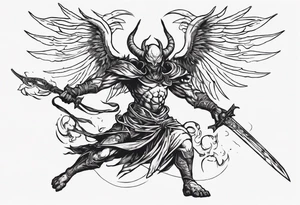 A demon angel wearing organic armor that is in mid-air with his two-handed sword behind them about to attack. tattoo idea