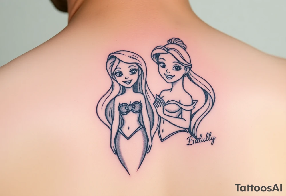 Ariel and Bell from beaty and the beast standing next to each other, smilling tattoo idea