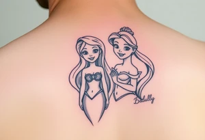 Ariel and Bell from beaty and the beast standing next to each other, smilling tattoo idea