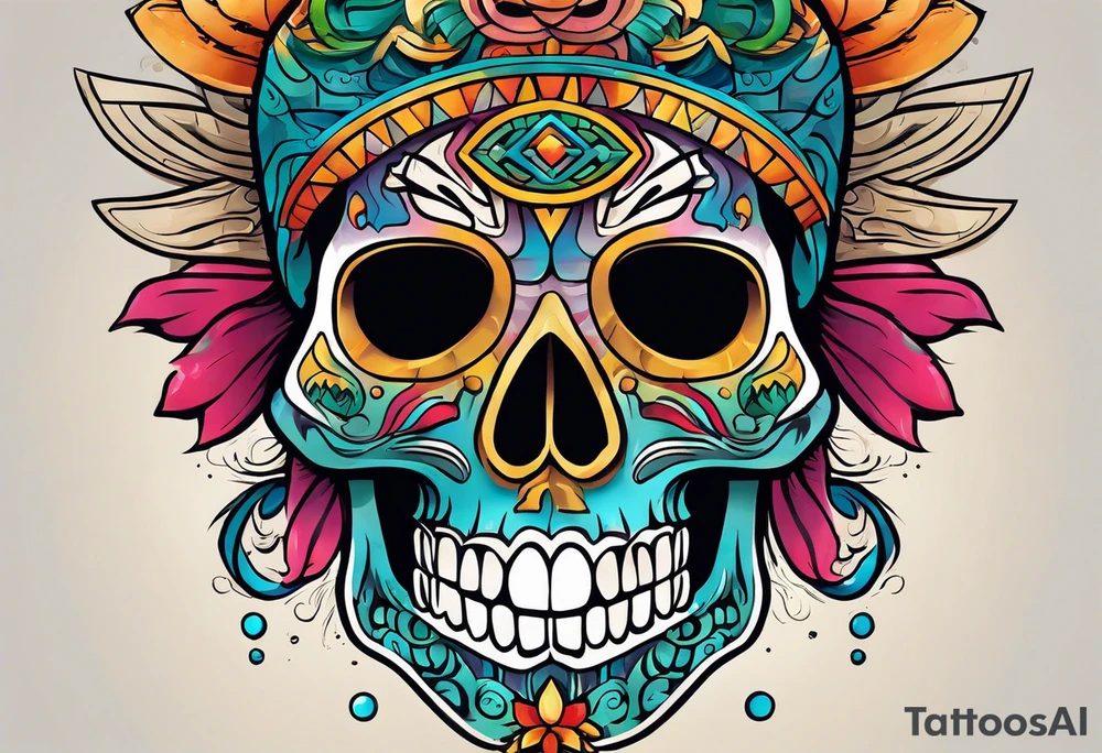 Colorful mayan skull hieroglyph with mouth as cave with water coming out tattoo idea