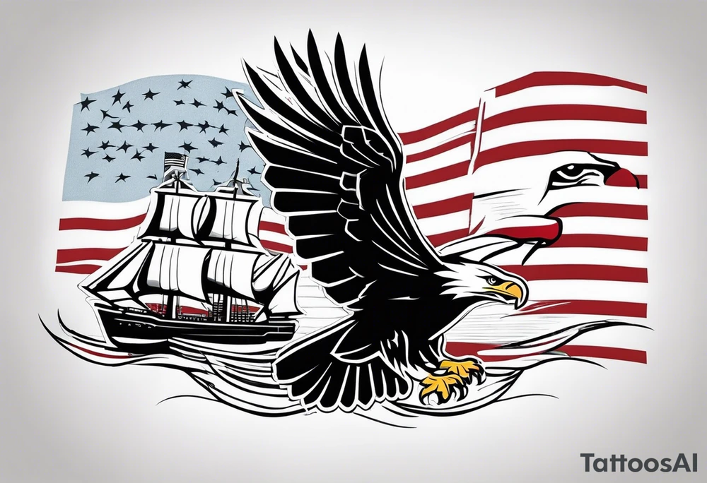 eagle flying in front of battleship holding American flag in beak tattoo idea