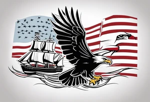 eagle flying in front of battleship holding American flag in beak tattoo idea