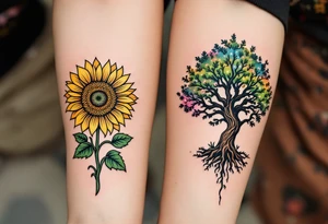 A vibrant sunflower in yellows for her and a strong oak tree in greens for him on the ribs represent growth and grounding. tattoo idea