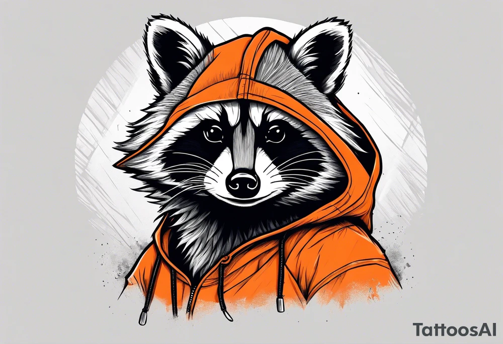 Raccoon wearing an orange Superman hoodie tattoo idea