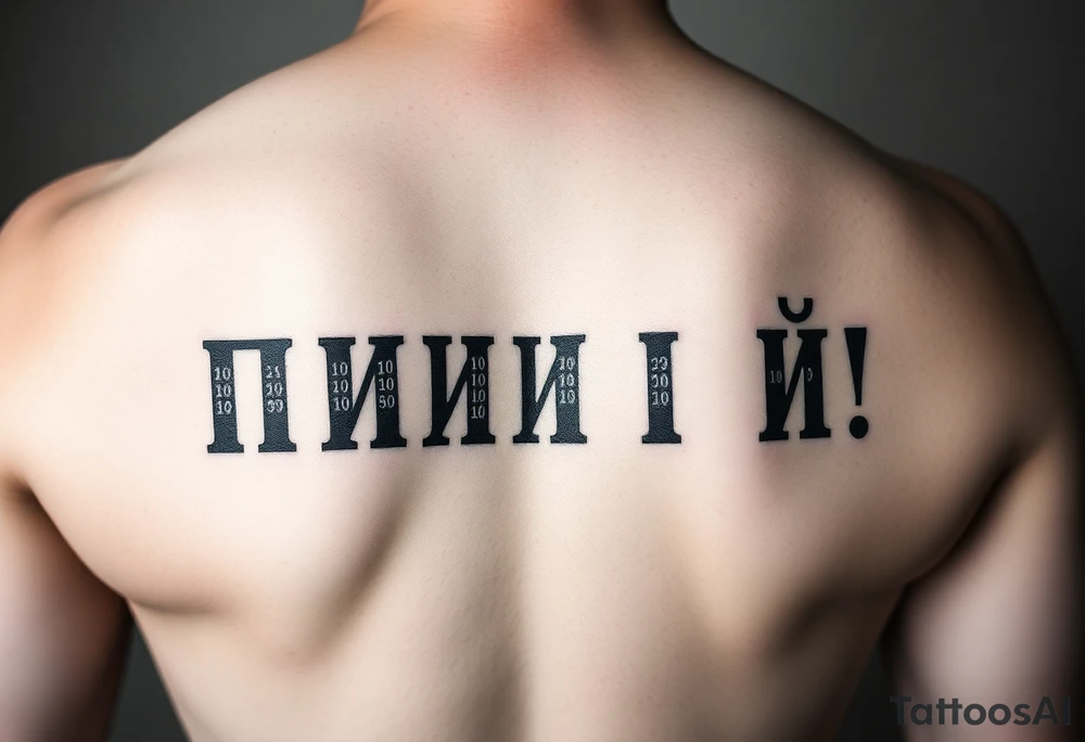 "Prison-style tattoo with text 'ПРАВИЛА НЕТ' in bold Cyrillic letters, but each letter is made of:  
- Binary code (0 and 1)  
- Micro-quotes from 'Generation P' (0.3mm font)  

Style: Faded jailhouse ink, uneven lines. Placement: Ribs. Black/blue ink only." tattoo idea