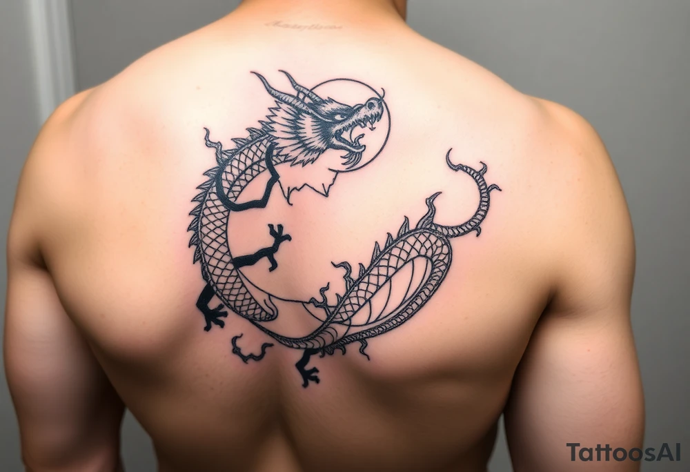 forearm sleeve tattoo, a dragon with a sakura tree and moon tattoo idea