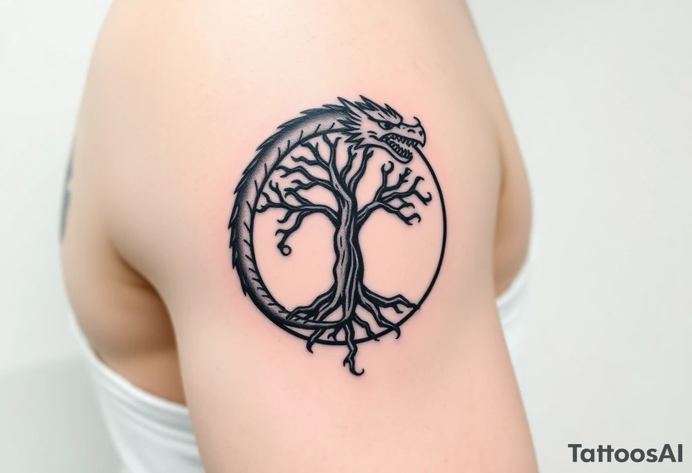 a dragon forming a circle with its body.  the dragon encircles the tree of life.  the dragon is eating the tree. the roots of the tree are strangling the dragon tattoo idea