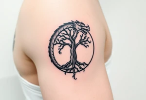 a dragon forming a circle with its body.  the dragon encircles the tree of life.  the dragon is eating the tree. the roots of the tree are strangling the dragon tattoo idea
