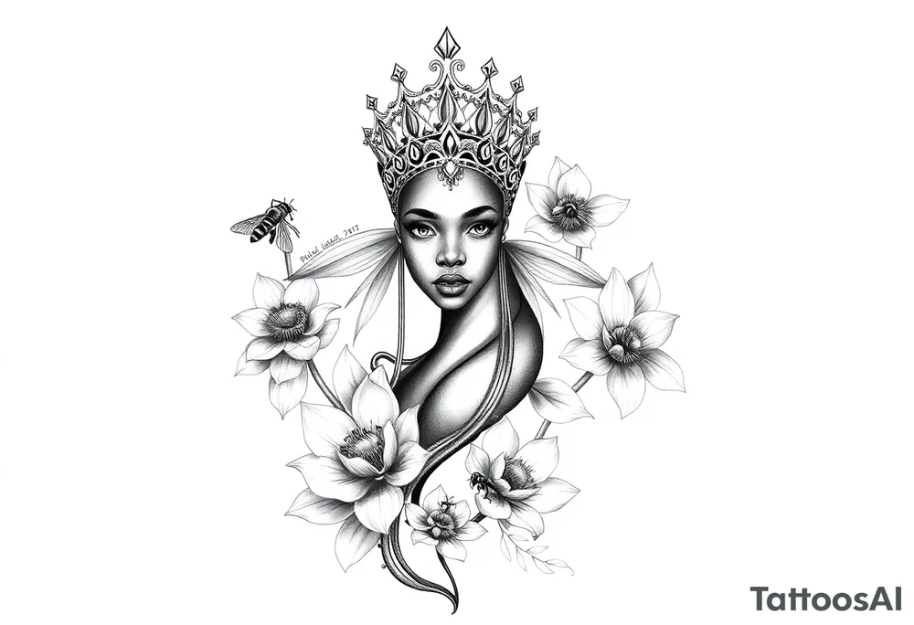 African Queen,  lotus flowers surrounding,  bees tattoo idea