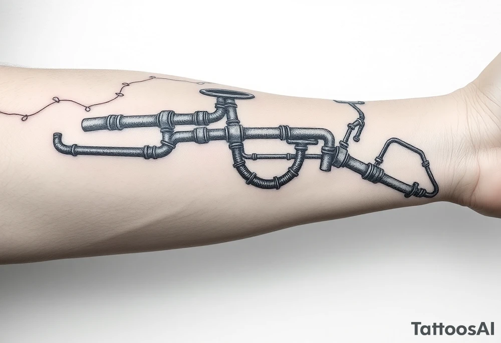 long System of pipes that transitions and transforms into veins of forearm. Top pipe starts closer to the elbow tattoo idea