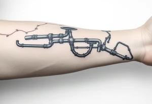 long System of pipes that transitions and transforms into veins of forearm. Top pipe starts closer to the elbow tattoo idea