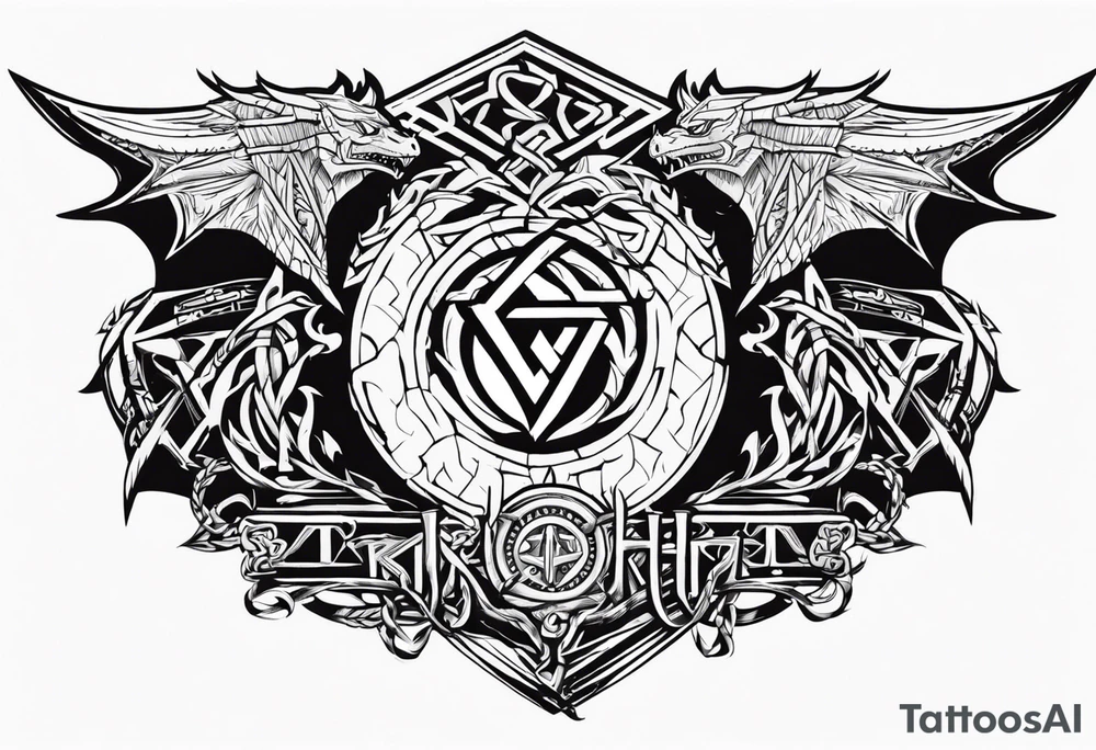 Valhalla sword shield dragon axe Valknut barbed wire chains tribal tattoo idea Valhalla sword shield dragon axe Valknut barbed wire chains tribal tattoo idea