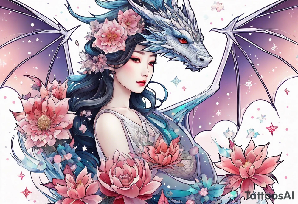 Constellation, wing , snow , cross , dragon female japan kawaii , flower tattoo idea