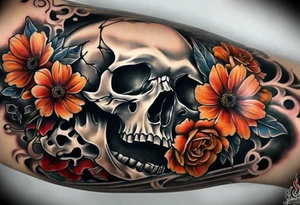 arm sleeve tattoo of the bone inside the arm that fills entire arm from shoulder to fingers symbolizing pain with skulls and dead flowers and more tattoo idea