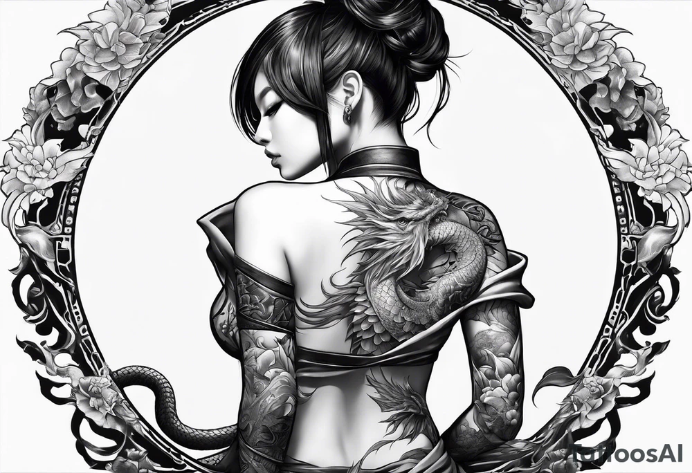 back tattoo of full body warrior nymph with dragon tattoo idea