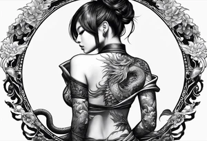 back tattoo of full body warrior nymph with dragon tattoo idea