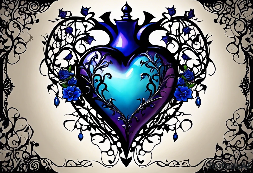 Central image: Anatomical blue heart with black filigree or thorns
Style: Gothic, with dark purples, blues, and blacks as the primary color scheme.
Elements:
 * Cherry blossoms with wispy petals winding around the heart or hourglass.
 * Black hourglass with silver or white sand above the heart.
 * Banner below the heart with the inscription "nankurunaisa" in a gothic script.
 * Brain and skull intertwined with gears or clockwork details.
 * Black butterfly with blue or purple accents near the cherry blossoms.
 * Dark swirling clouds with lightning bolts. tattoo idea