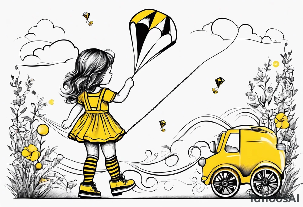 a little girl in a dress & a teddy bear in roller skates and yellow overalls, flying kites tattoo idea
