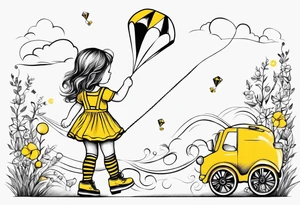 a little girl in a dress & a teddy bear in roller skates and yellow overalls, flying kites tattoo idea
