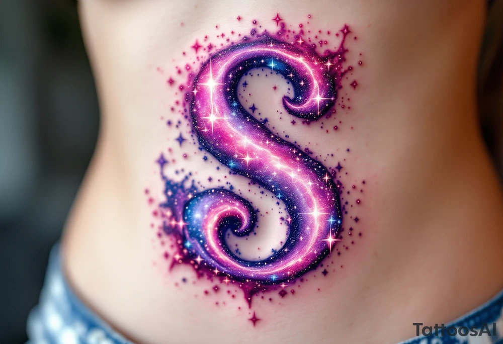 A cosmic nebula "S" in pinks and purples with stars and glowing dust clouds. tattoo idea