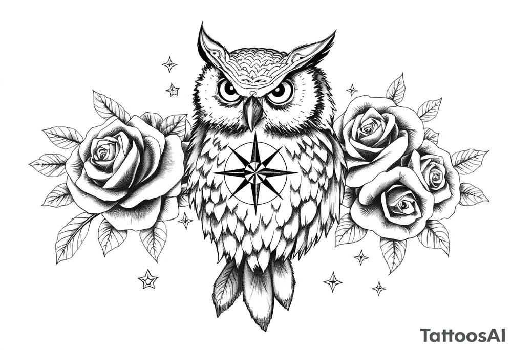 an owl,compass,roses,stars. tattoo idea