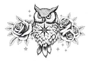 an owl,compass,roses,stars. tattoo idea